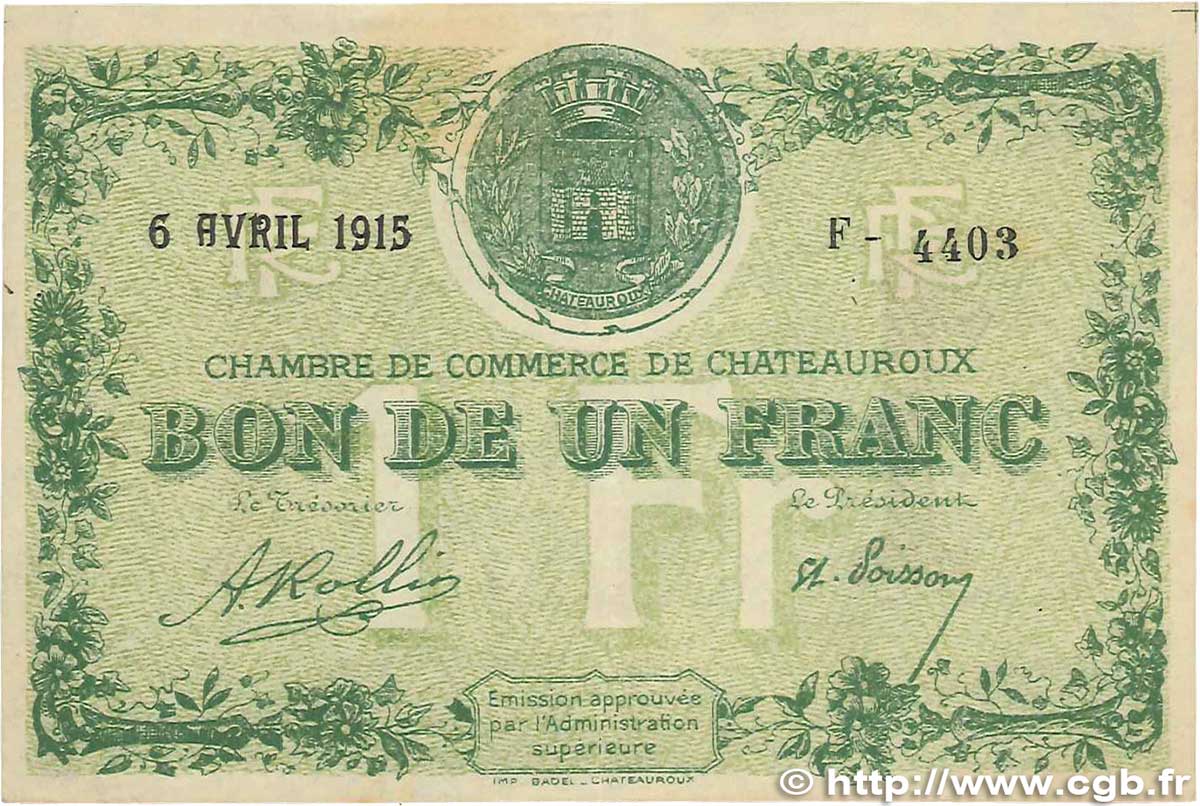 1 Franc FRANCE regionalism and various Chateauroux 1915 JP.046.02 VF