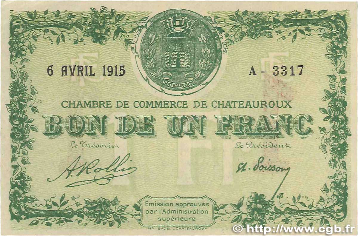 1 Franc FRANCE regionalism and various Chateauroux 1915 JP.046.02 VF+