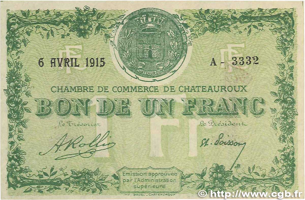 1 Franc FRANCE Regionalismus und verschiedenen Chateauroux 1915 JP.046.02 VZ