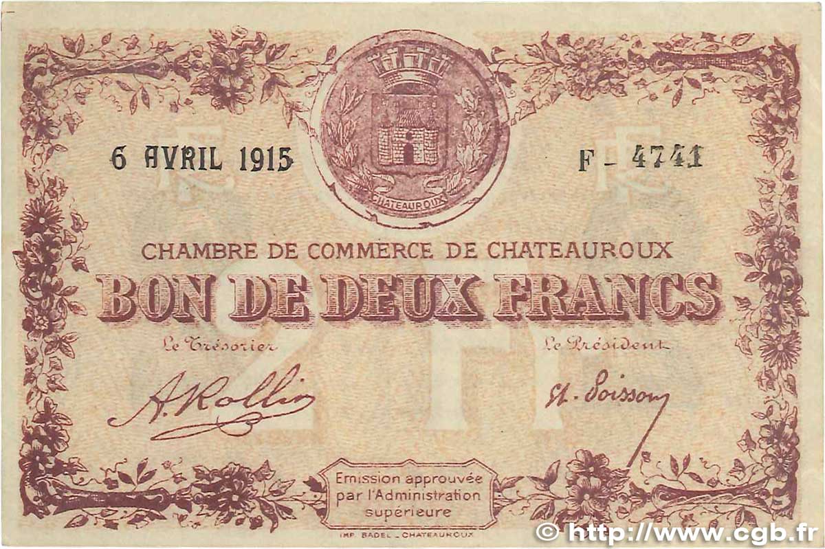 2 Francs FRANCE Regionalismus und verschiedenen Chateauroux 1915 JP.046.04 SS