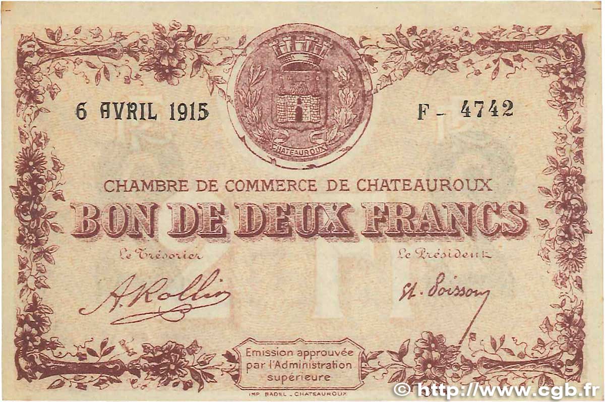 2 Francs FRANCE regionalism and various Chateauroux 1915 JP.046.04 XF