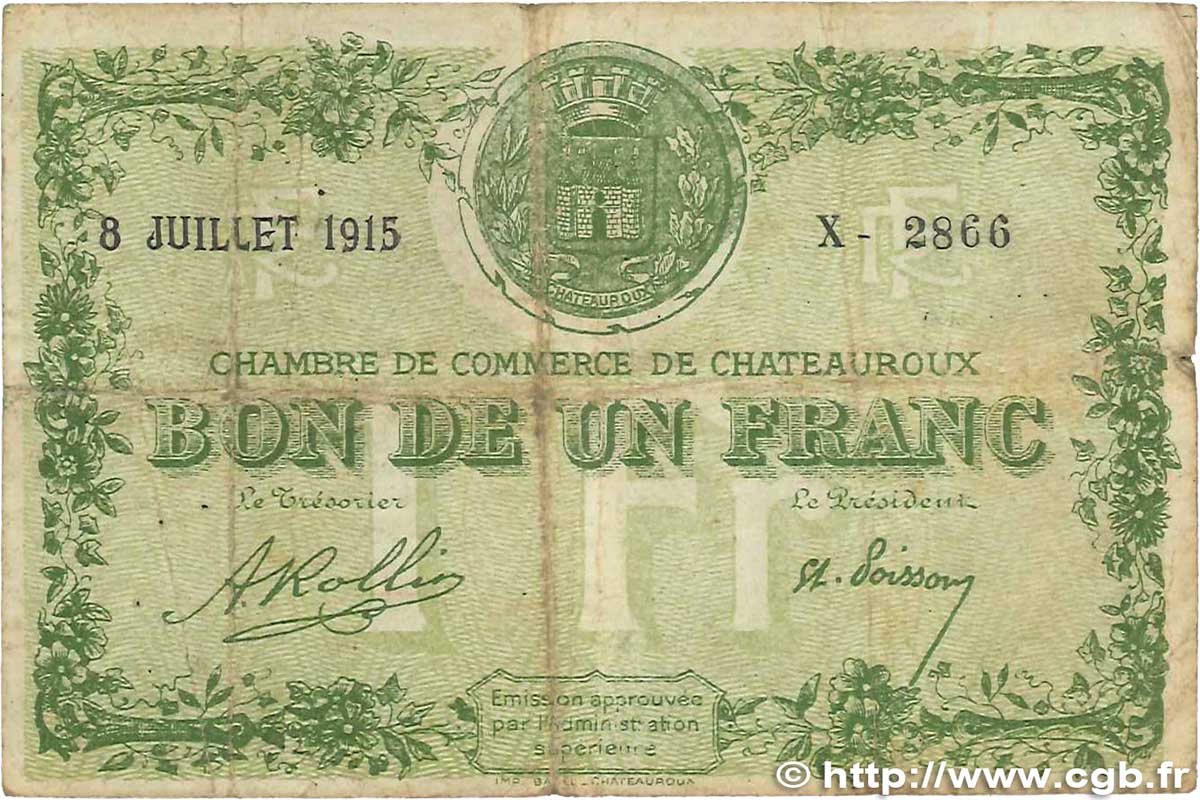 1 Franc FRANCE regionalism and various Chateauroux 1915 JP.046.06 VG