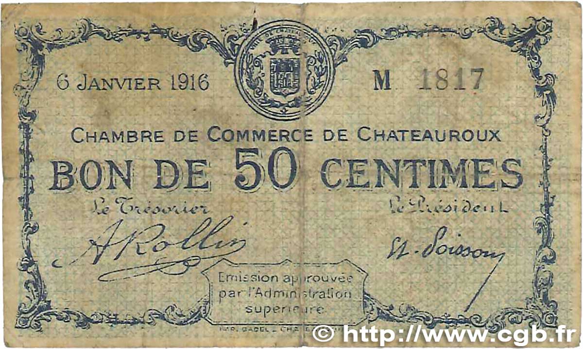 50 Centimes FRANCE Regionalismus und verschiedenen Chateauroux 1916 JP.046.14 SGE