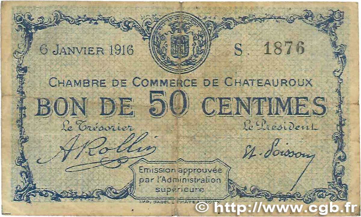 50 Centimes FRANCE regionalism and various Chateauroux 1916 JP.046.14 VG