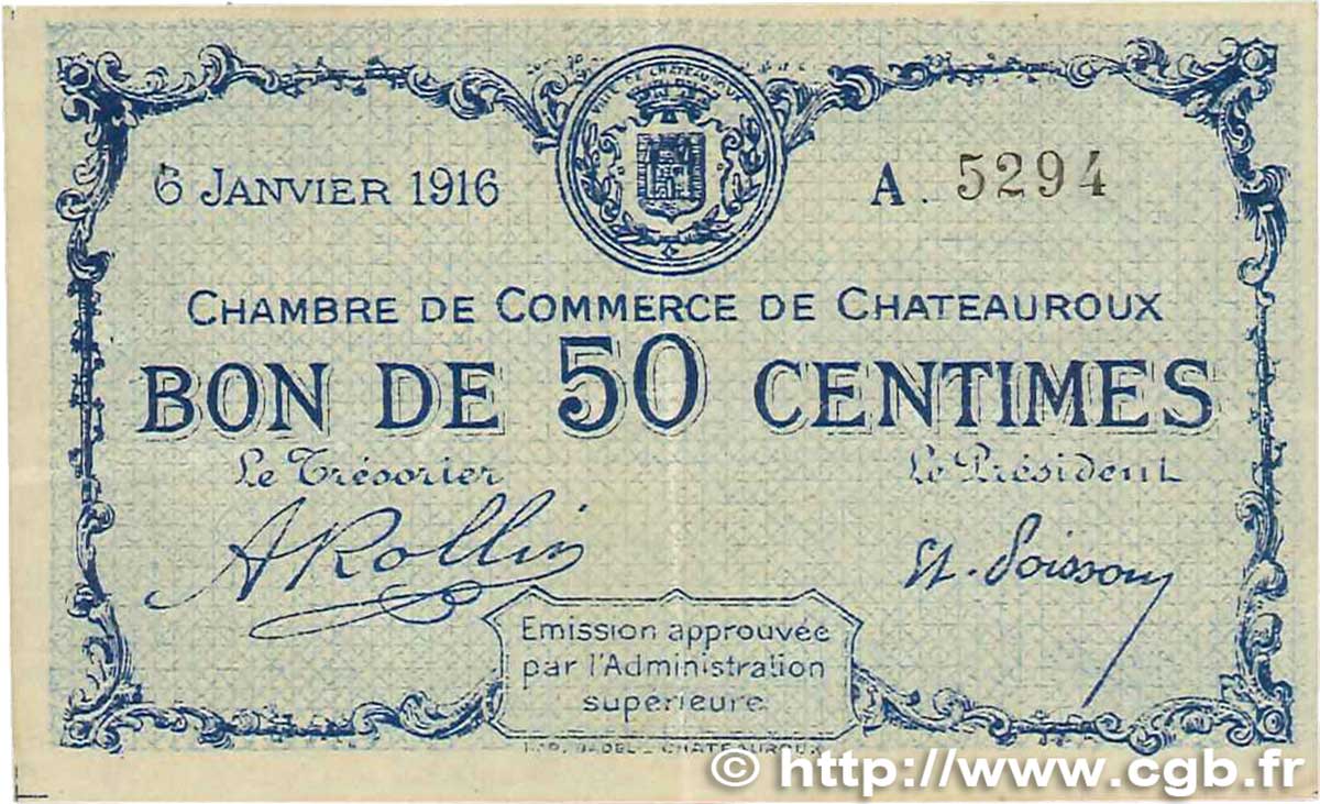 50 Centimes  FRANCE régionalisme et divers Chateauroux 1916 JP.046.14 TTB