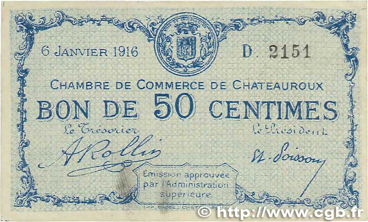 50 Centimes FRANCE régionalisme et divers Chateauroux 1916 JP.046.14 SUP+