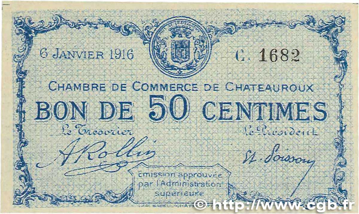 50 Centimes FRANCE regionalism and miscellaneous Chateauroux 1916 JP.046.14 UNC-