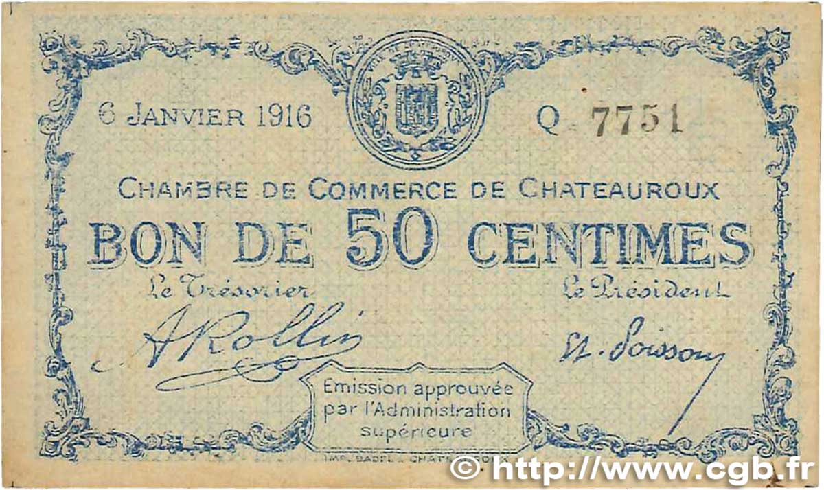 50 Centimes FRANCE regionalismo y varios Chateauroux 1916 JP.046.16 BC+