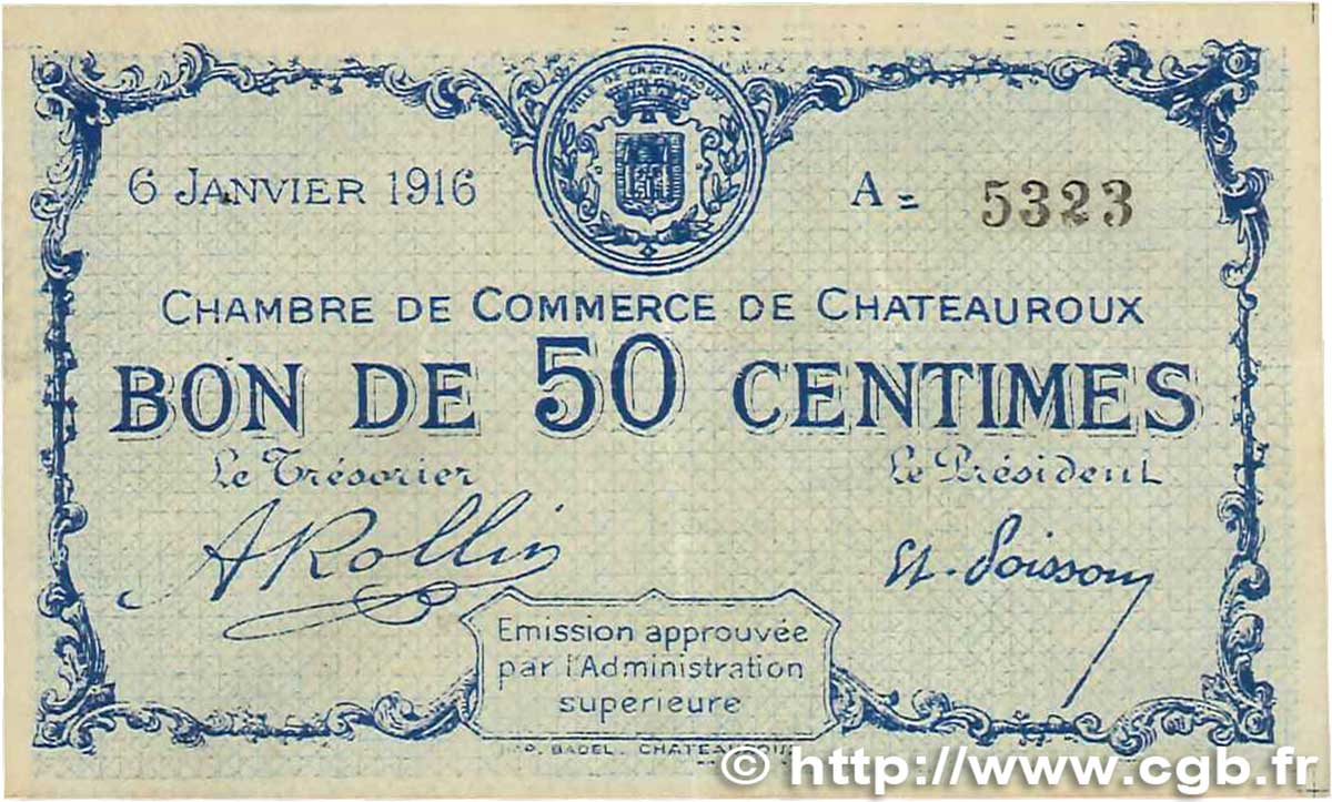 50 Centimes FRANCE regionalism and various Chateauroux 1916 JP.046.16 VF