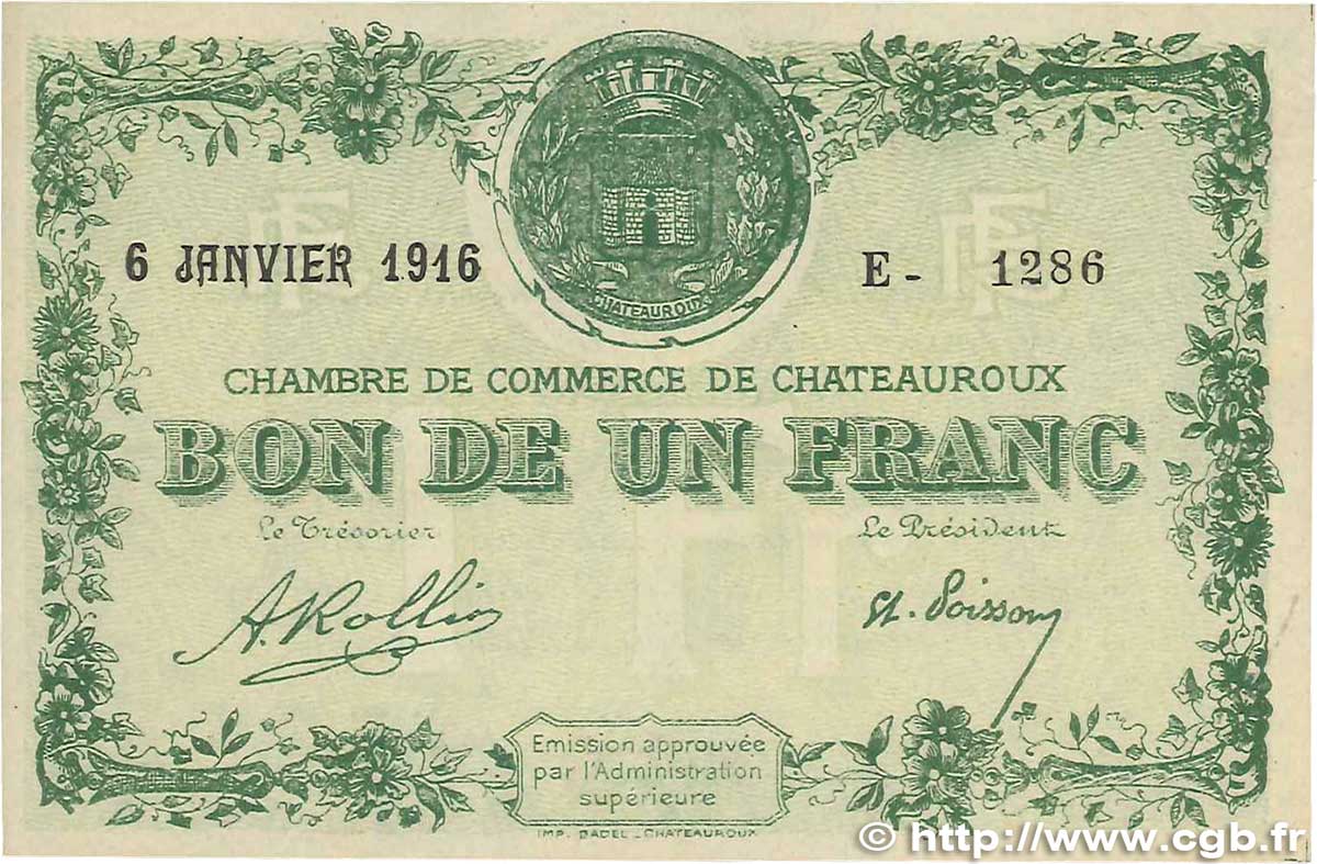 1 Franc FRANCE regionalism and various Chateauroux 1916 JP.046.17 VF