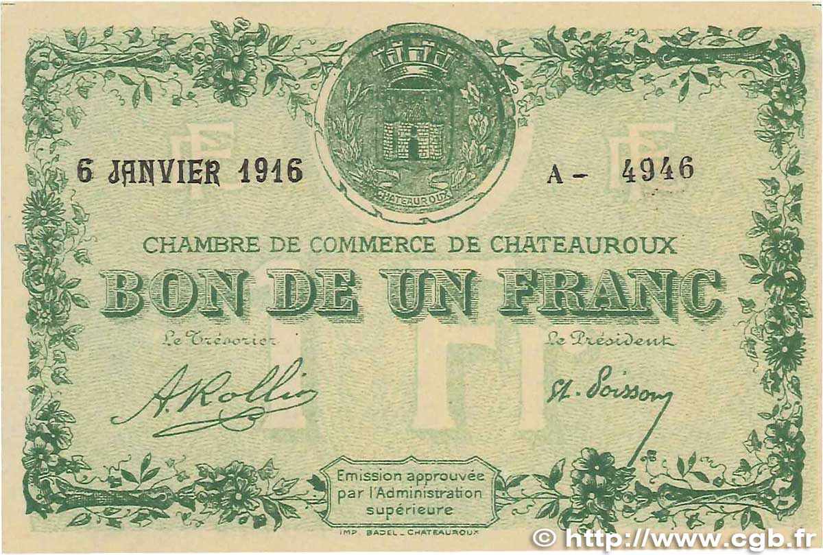 1 Franc FRANCE Regionalismus und verschiedenen Chateauroux 1916 JP.046.17 VZ
