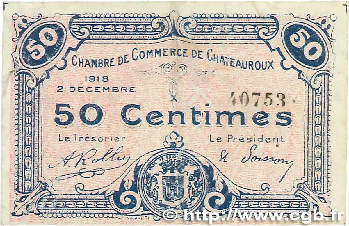 50 Centimes FRANCE Regionalismus und verschiedenen Chateauroux 1918 JP.046.18 fSS