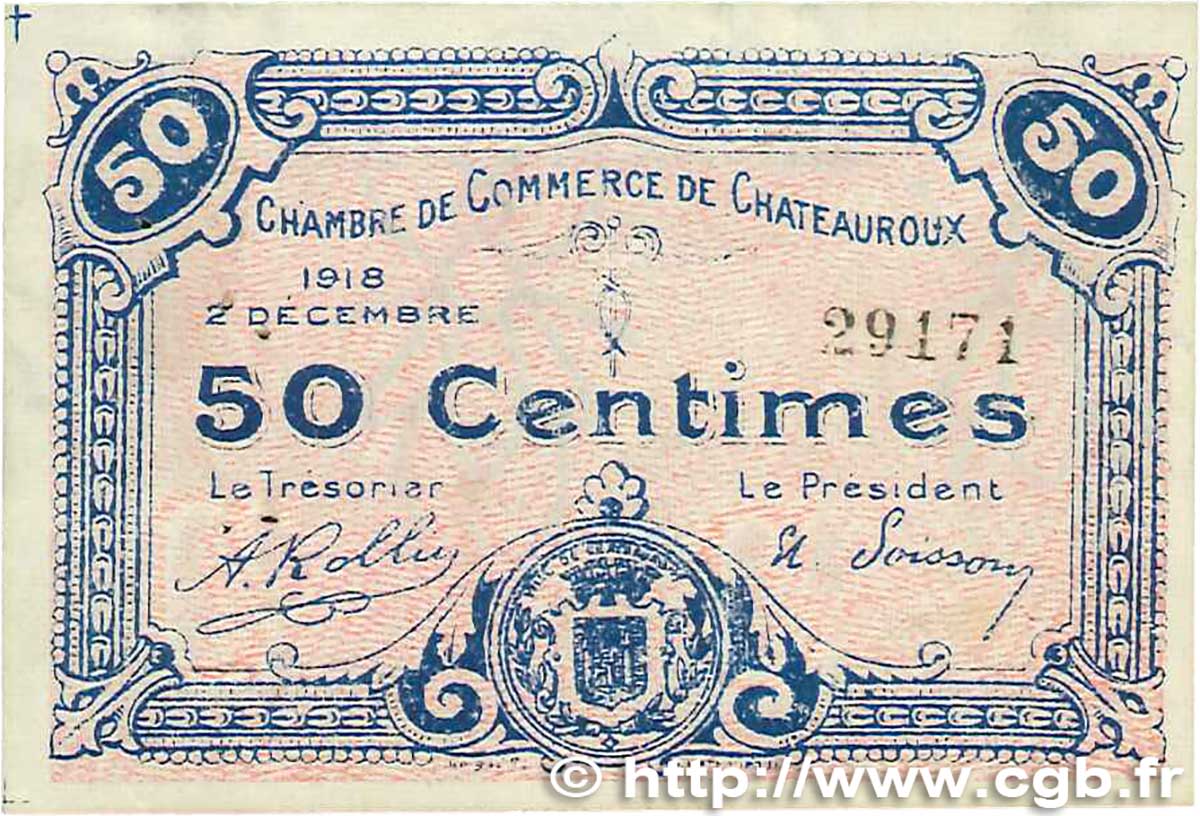 50 Centimes FRANCE regionalism and miscellaneous Chateauroux 1918 JP.046.18 VF+