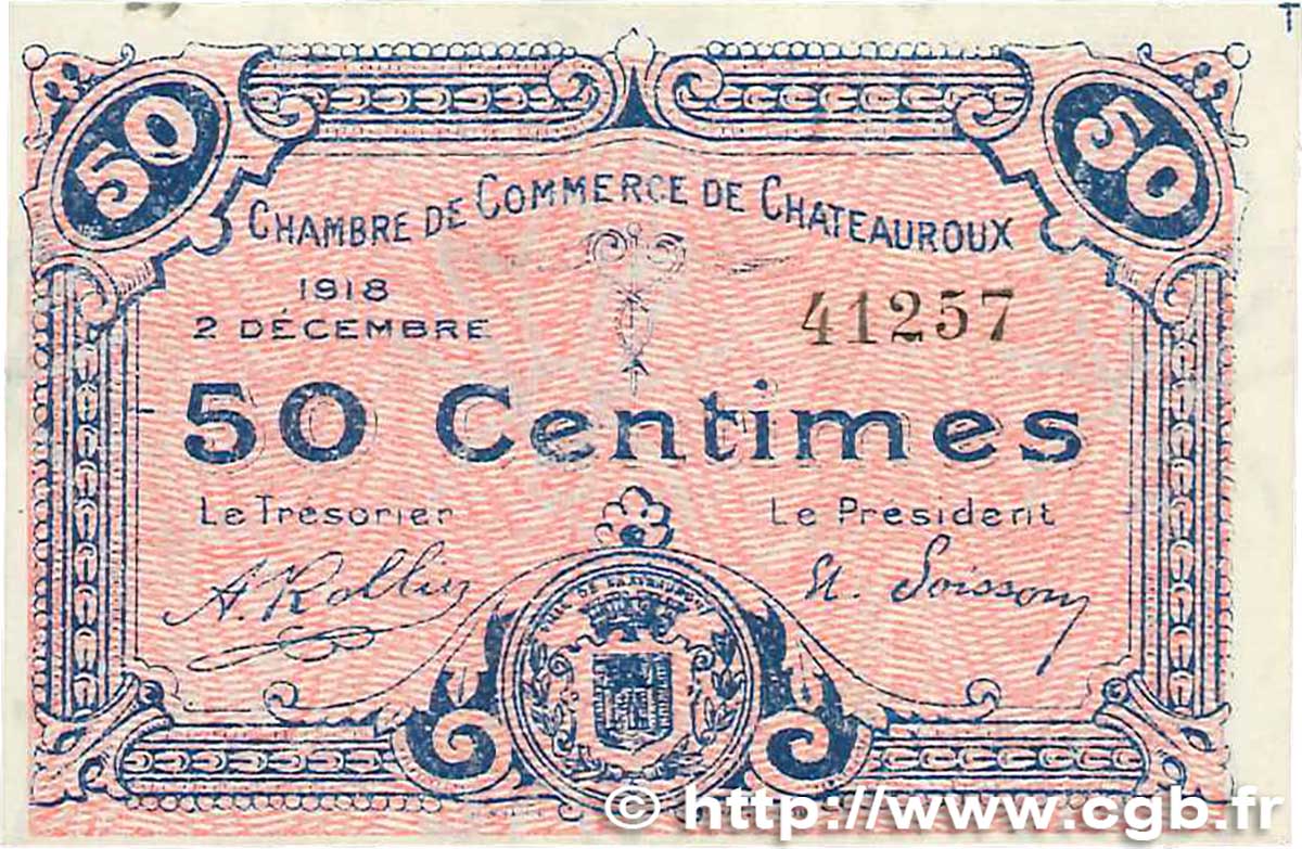50 Centimes FRANCE regionalismo e varie Chateauroux 1918 JP.046.18 q.FDC