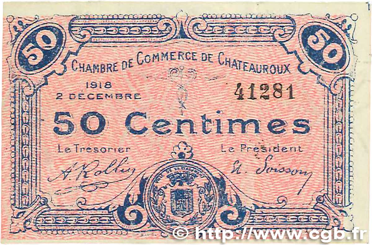 50 Centimes FRANCE regionalismo y varios Chateauroux 1918 JP.046.18 SC+