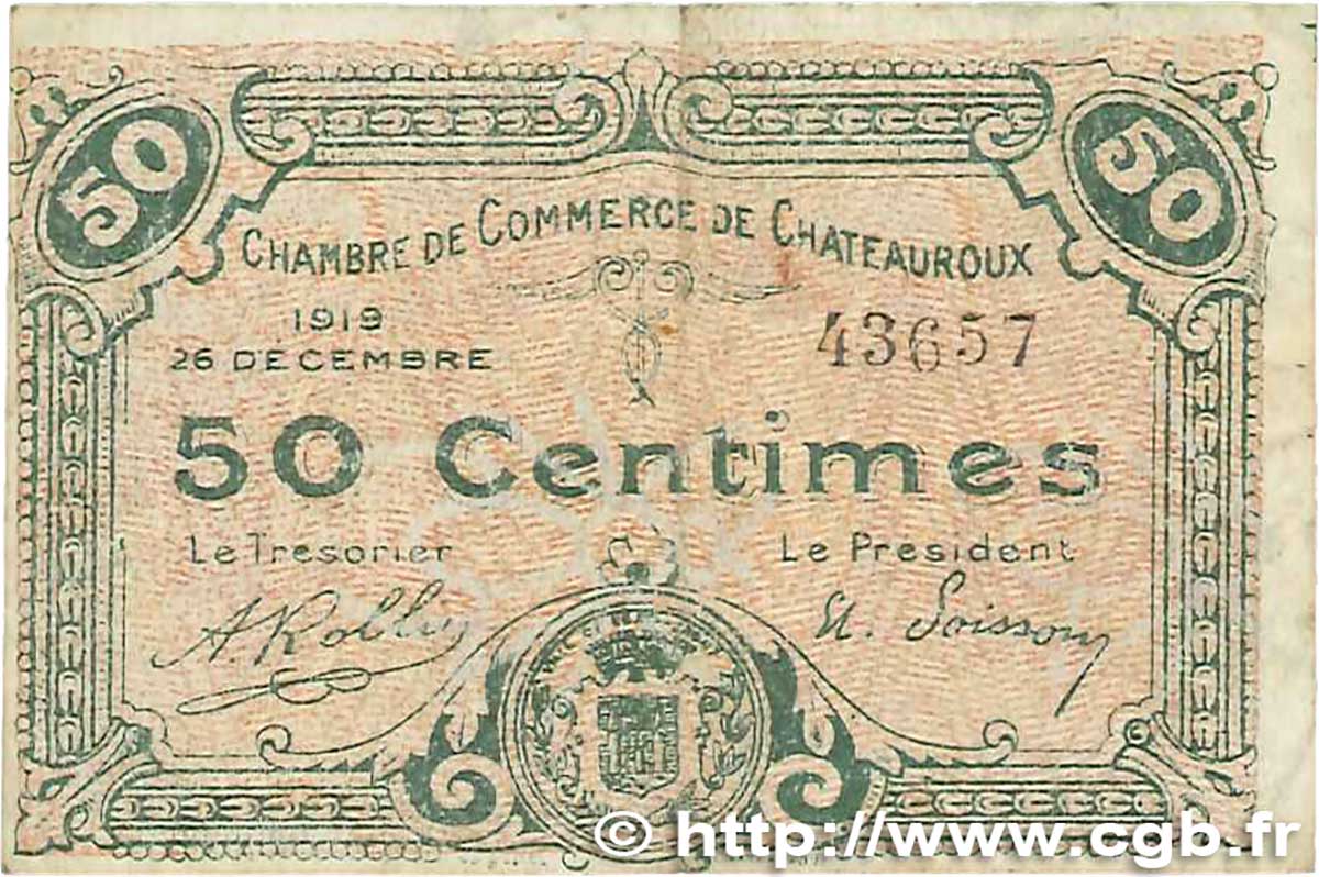 50 Centimes FRANCE Regionalismus und verschiedenen Chateauroux 1919 JP.046.20 S