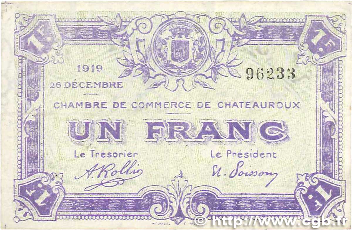 1 Franc FRANCE regionalism and various Chateauroux 1919 JP.046.21 VF