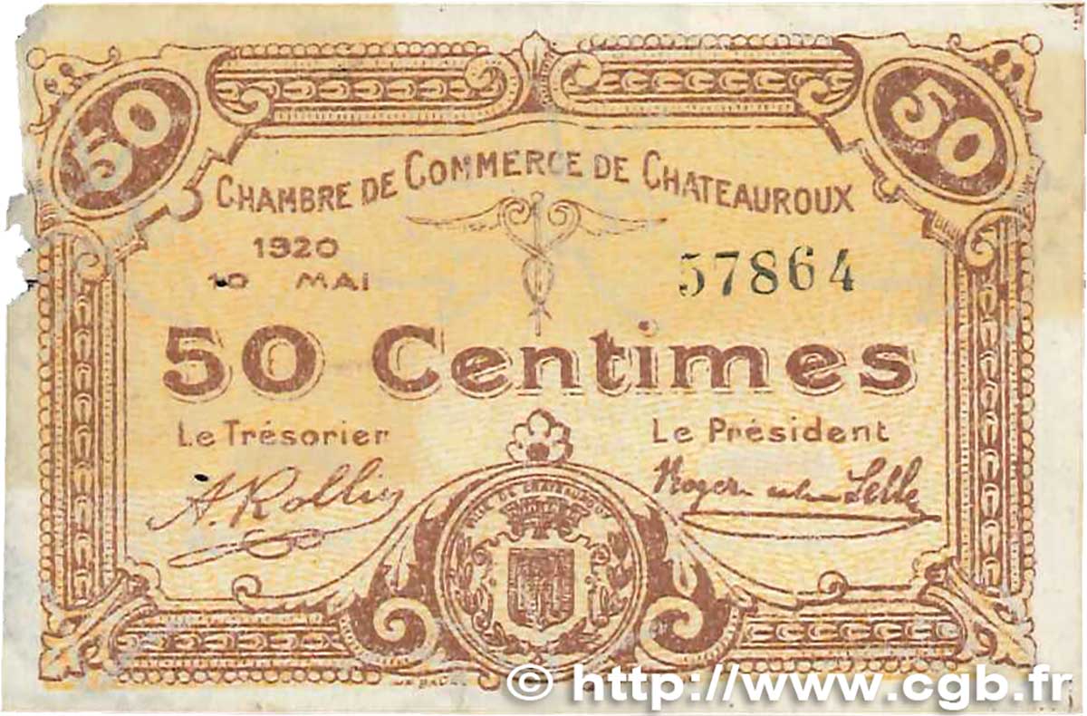 50 Centimes FRANCE Regionalismus und verschiedenen Chateauroux 1920 JP.046.22 fSS