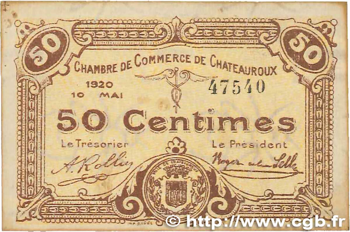 50 Centimes FRANCE Regionalismus und verschiedenen Chateauroux 1920 JP.046.22 fVZ