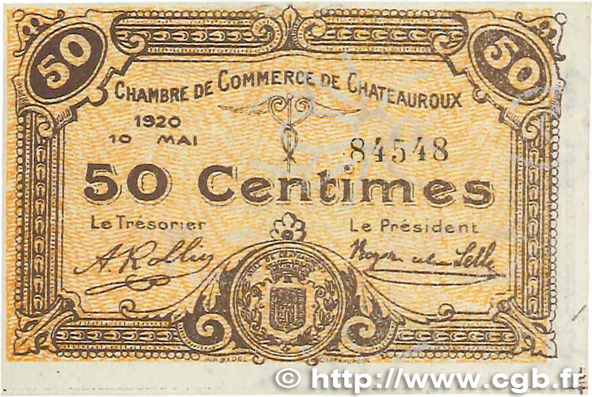 50 Centimes FRANCE regionalism and miscellaneous Chateauroux 1920 JP.046.22 VF+