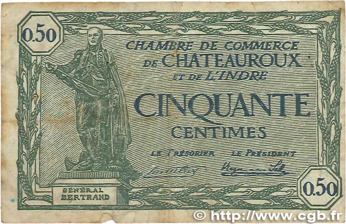 50 Centimes FRANCE regionalism and miscellaneous Chateauroux 1922 JP.046.28 VG