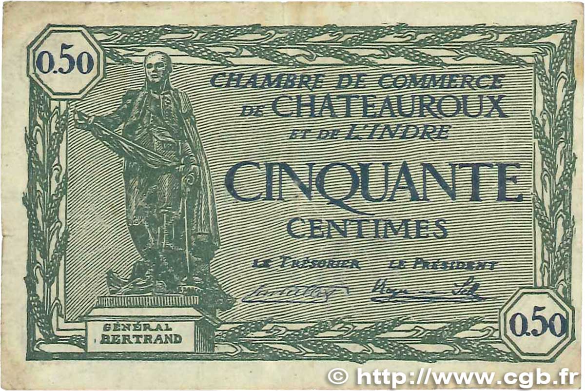 50 Centimes FRANCE regionalismo y varios Chateauroux 1922 JP.046.28 BC