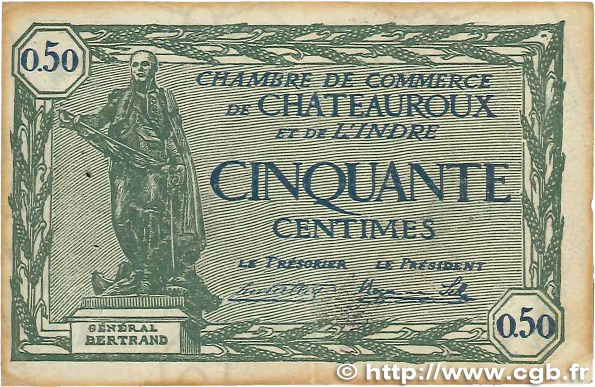 50 Centimes FRANCE regionalismo y varios Chateauroux 1922 JP.046.28 BC+