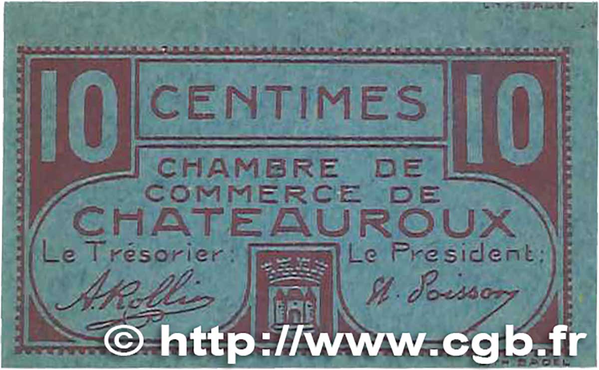 10 Centimes FRANCE regionalism and miscellaneous Chateauroux 1918 JP.046.32 VF+