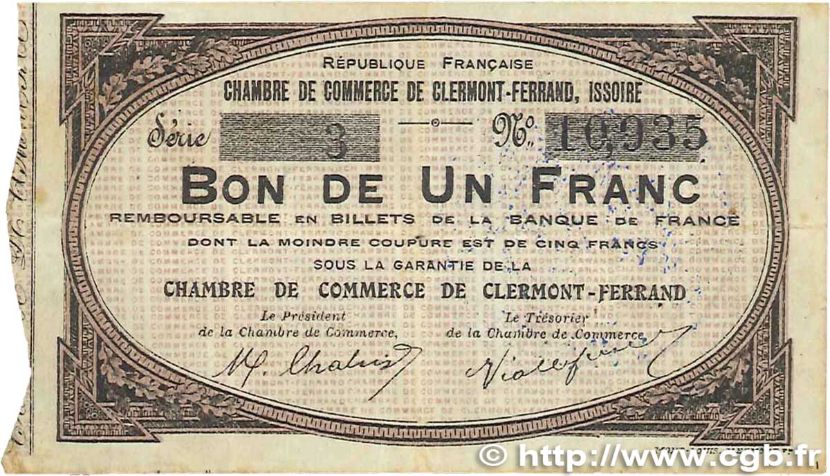 1 Franc FRANCE Regionalismus und verschiedenen Clermont-Ferrand, Issoire 1918 JP.048.01 S