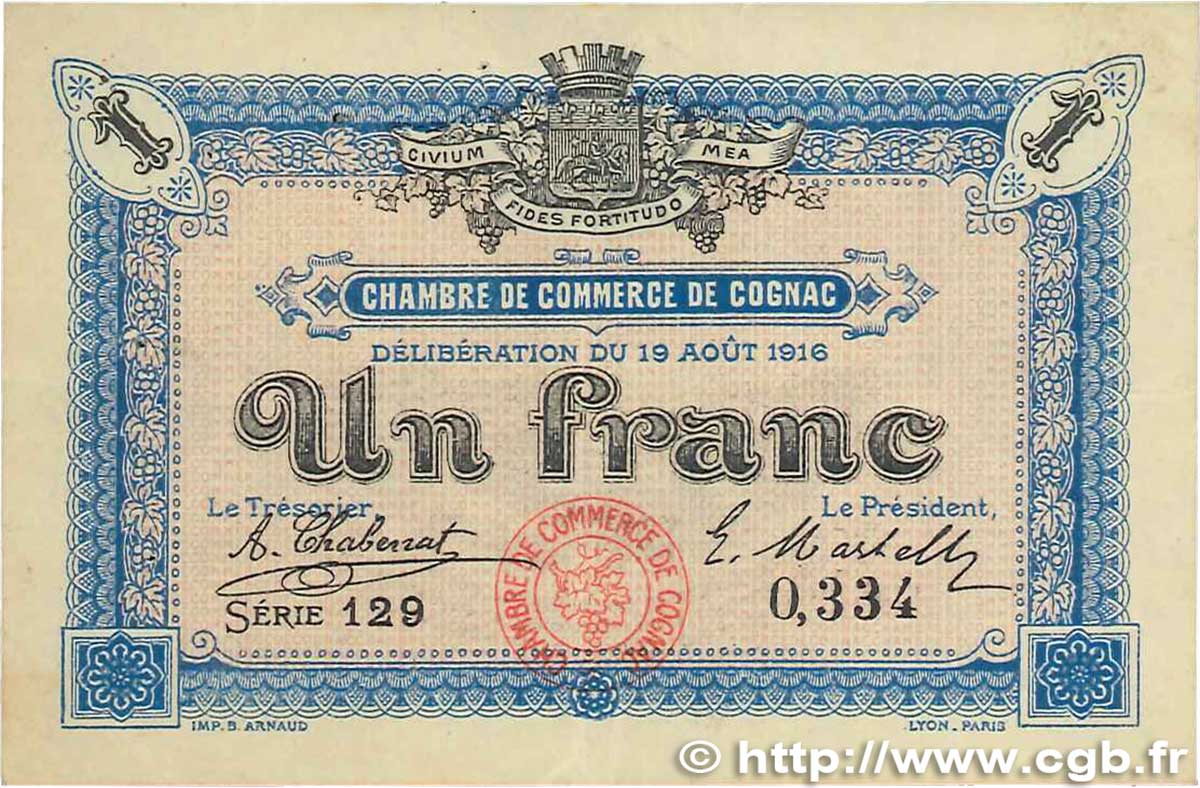 1 Franc FRANCE Regionalismus und verschiedenen Cognac 1916 JP.049.03 SS