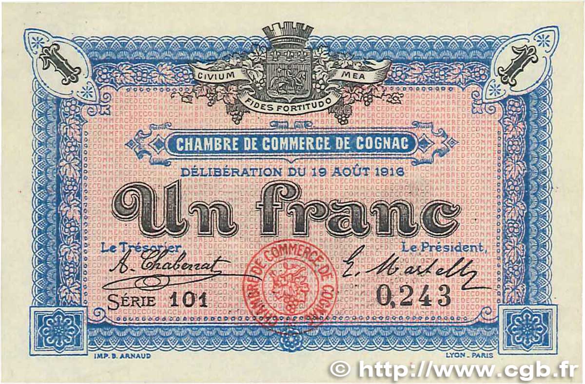 1 Franc FRANCE regionalism and various Cognac 1916 JP.049.03 AU-