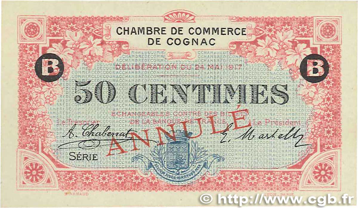 50 Centimes Annulé FRANCE regionalism and various Cognac 1917 JP.049.06 UNC-