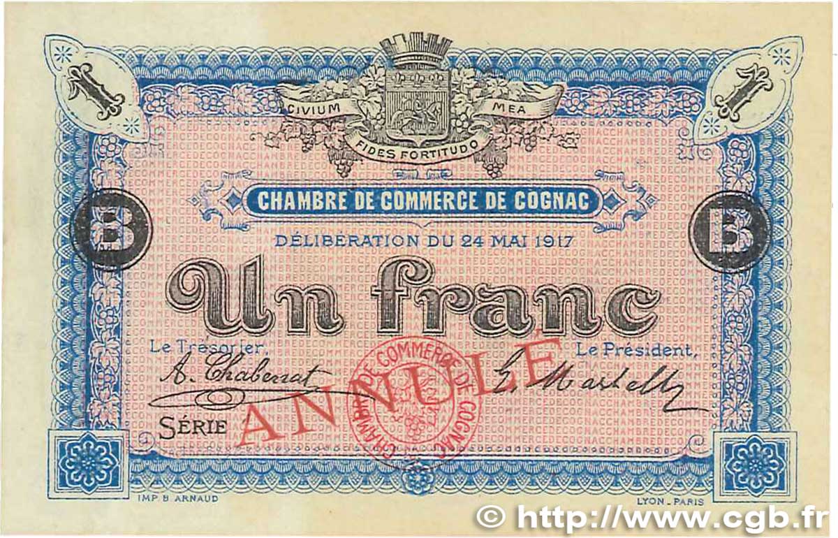 1 Franc Annulé FRANCE regionalism and miscellaneous Cognac 1917 JP.049.08 VF+