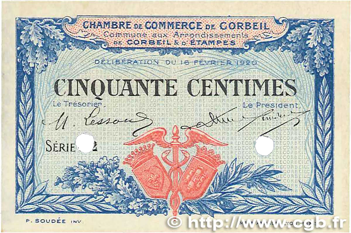 50 Centimes Spécimen FRANCE Regionalismus und verschiedenen Corbeil 1920 JP.050.02 fVZ