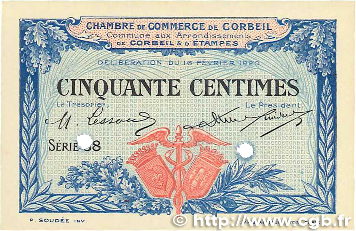 50 Centimes Spécimen FRANCE régionalisme et divers Corbeil 1920 JP.050.02 NEUF
