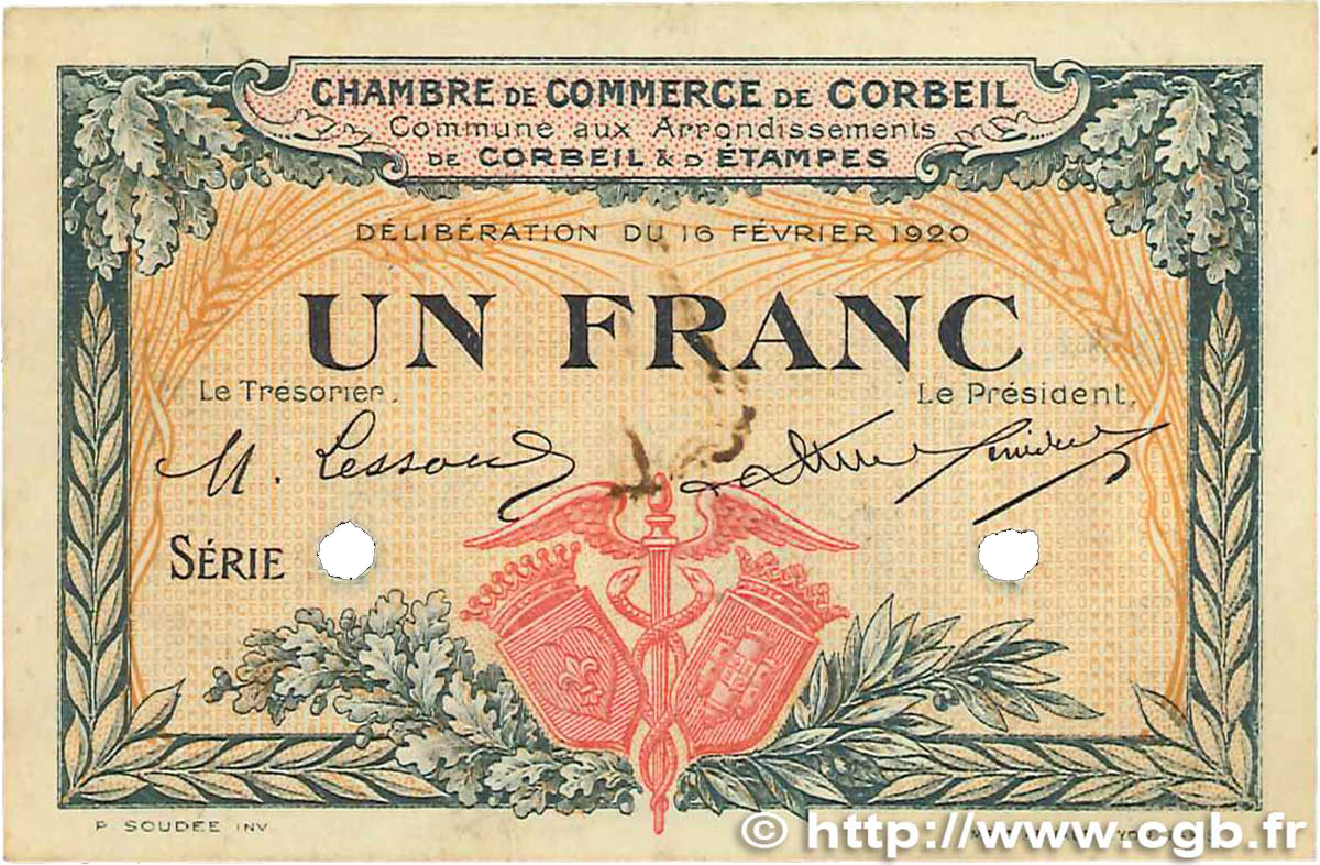 1 Franc Spécimen FRANCE régionalisme et divers Corbeil 1920 JP.050.04 TTB