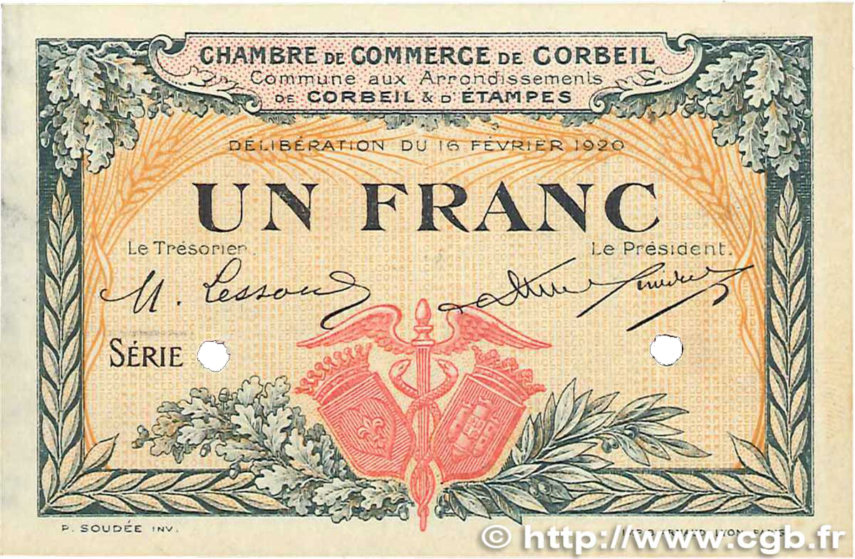 1 Franc Spécimen FRANCE regionalism and various Corbeil 1920 JP.050.04 VF+
