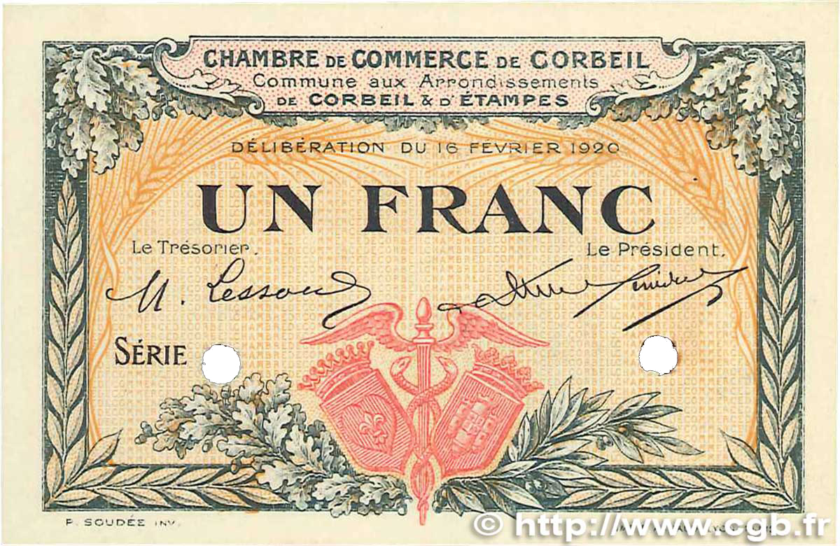 1 Franc Spécimen FRANCE régionalisme et divers Corbeil 1920 JP.050.04 pr.NEUF