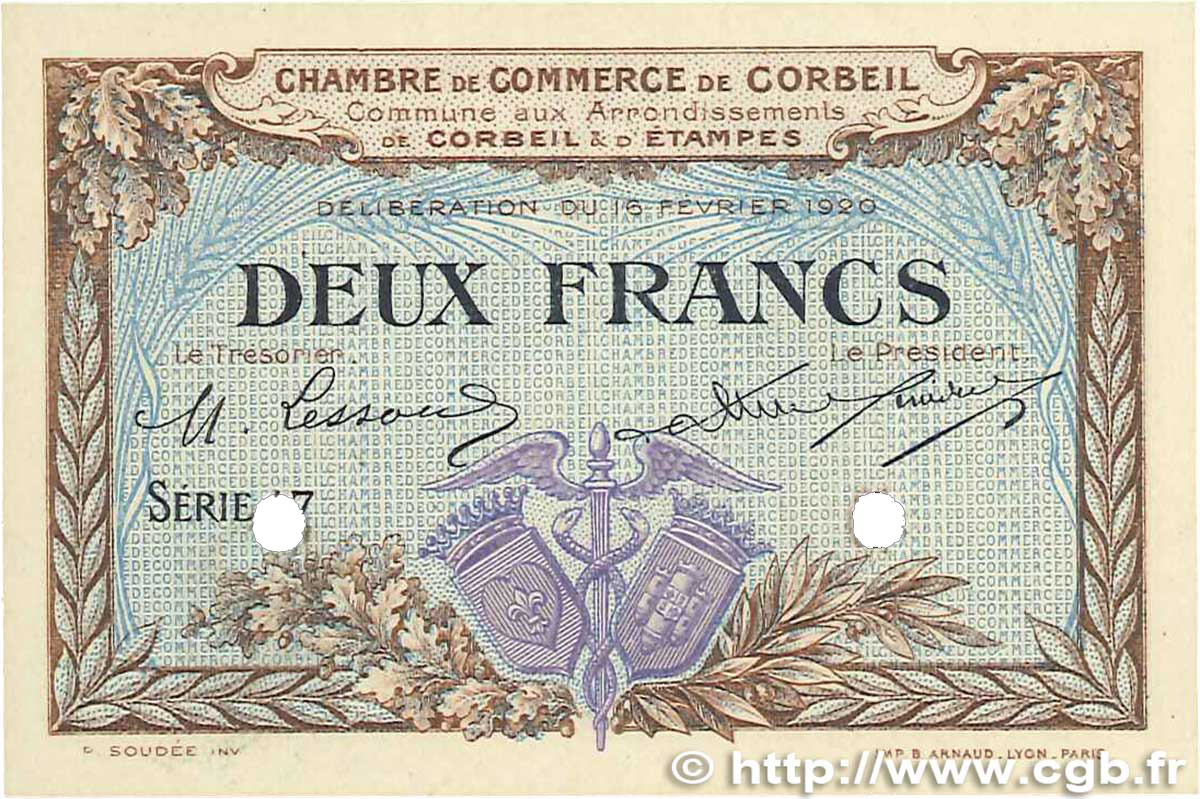 2 Francs Spécimen FRANCE régionalisme et divers Corbeil 1920 JP.050.06 pr.NEUF