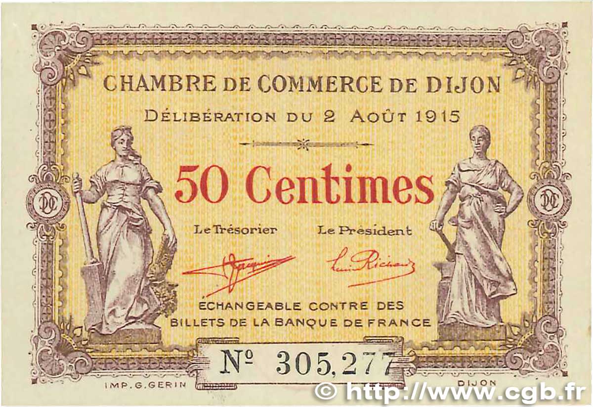 50 Centimes FRANCE regionalism and miscellaneous Dijon 1915 JP.053.01 VF+
