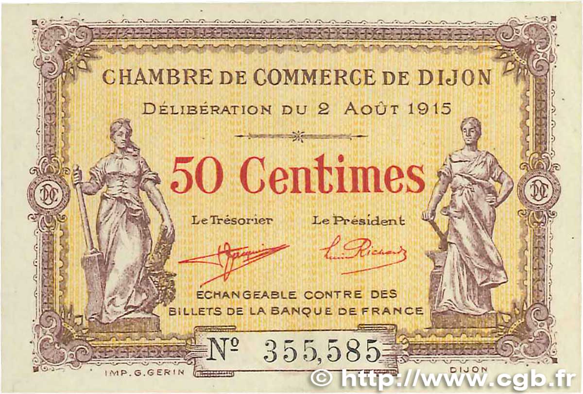 50 Centimes FRANCE Regionalismus und verschiedenen Dijon 1915 JP.053.01 fST