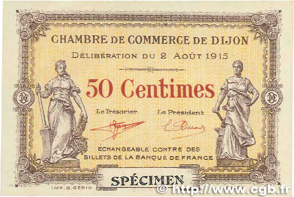 50 Centimes Spécimen FRANCE régionalisme et divers Dijon 1915 JP.053.02 pr.SPL