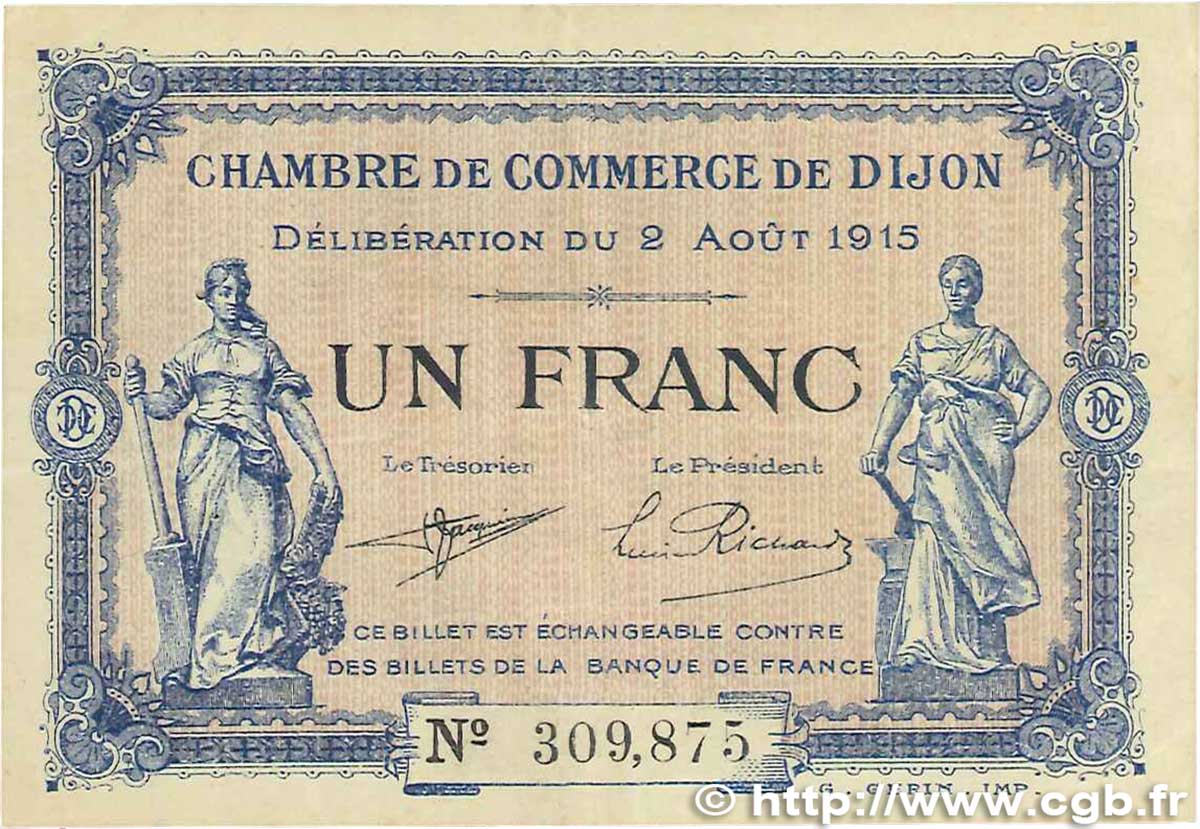 1 Franc FRANCE regionalism and miscellaneous Dijon 1915 JP.053.04 VF