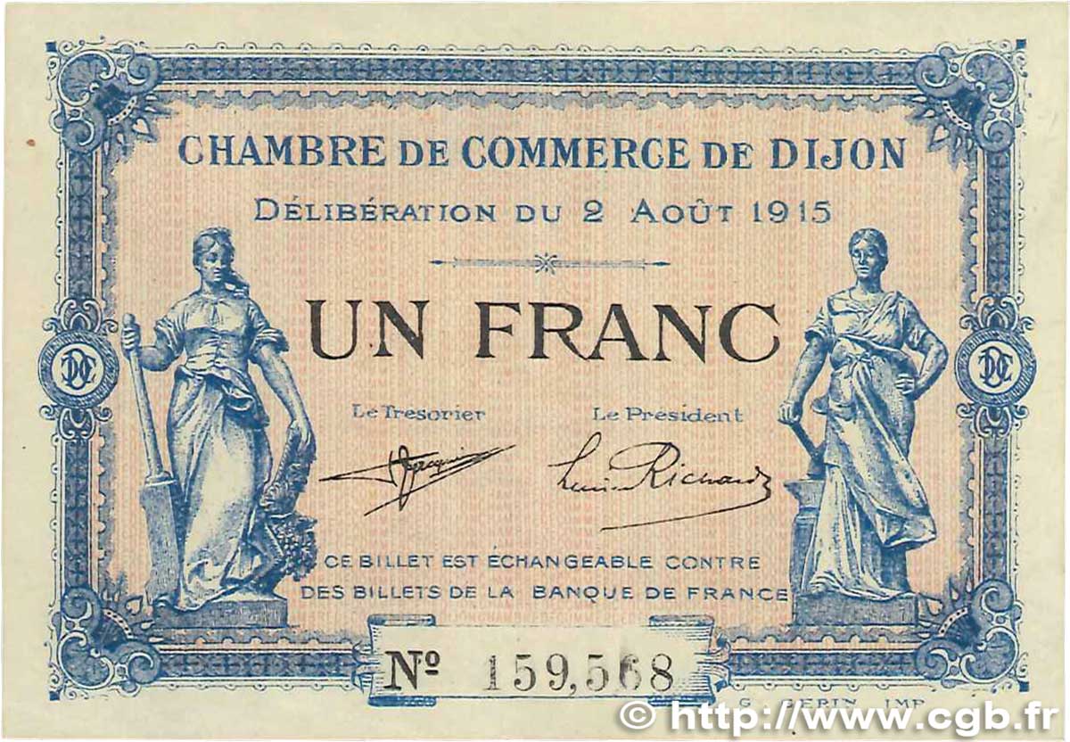 1 Franc FRANCE regionalism and miscellaneous Dijon 1915 JP.053.04 VF-