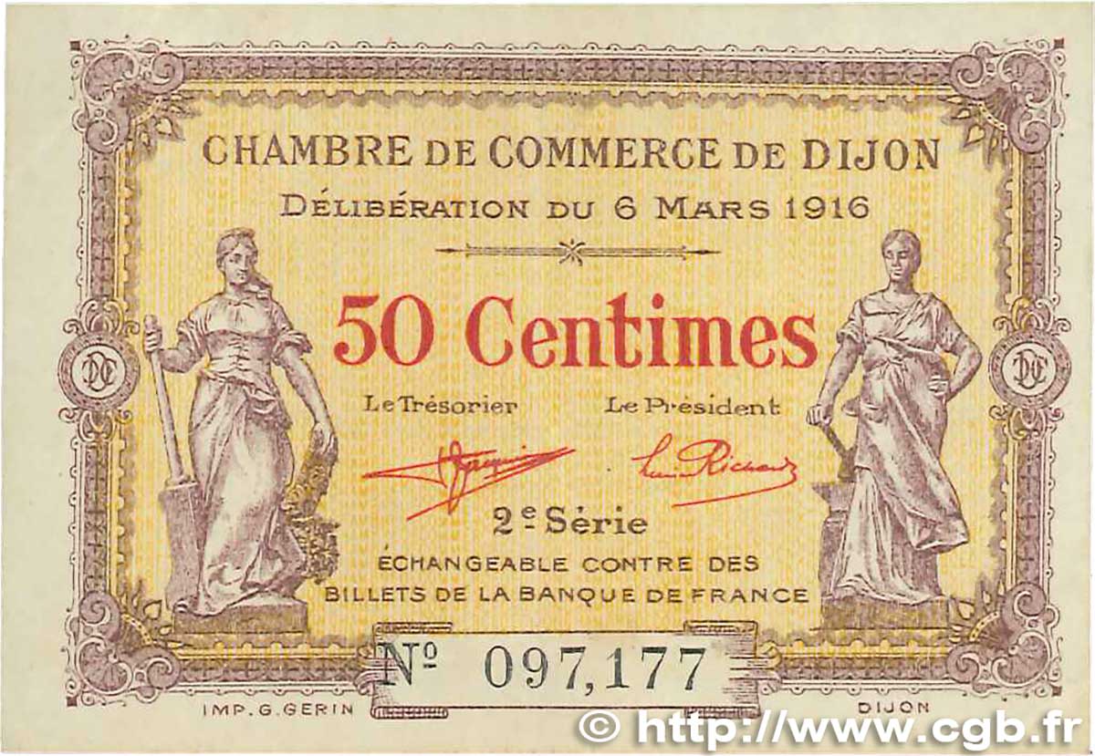 50 Centimes FRANCE regionalism and various Dijon 1916 JP.053.07 VF