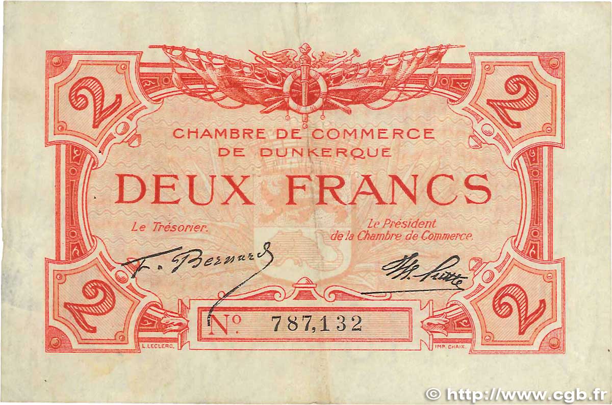 2 Francs FRANCE Regionalismus und verschiedenen Dunkerque 1918 JP.054.09 S