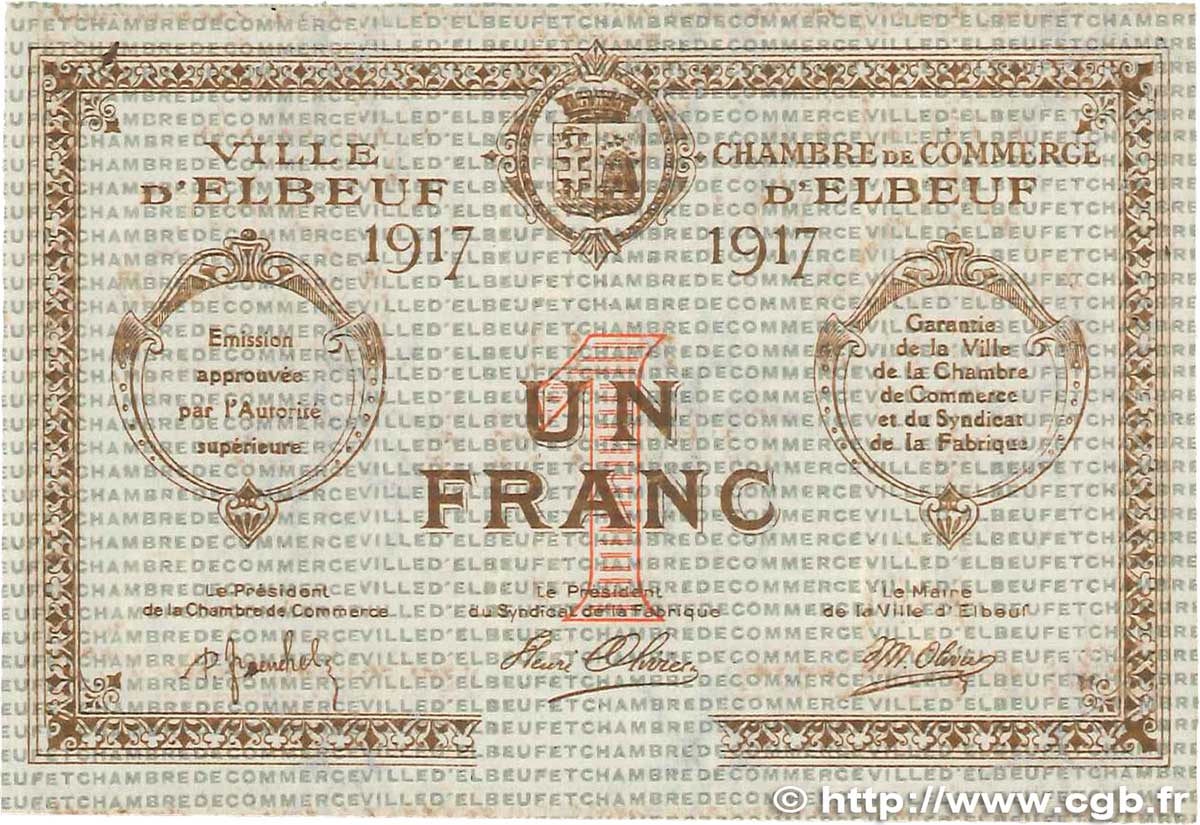 1 Franc FRANCE regionalism and miscellaneous Elbeuf 1917 JP.055.12 VF+
