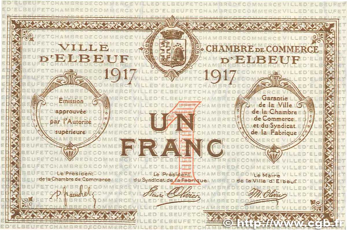 1 Franc FRANCE regionalismo e varie Elbeuf 1917 JP.055.12 FDC