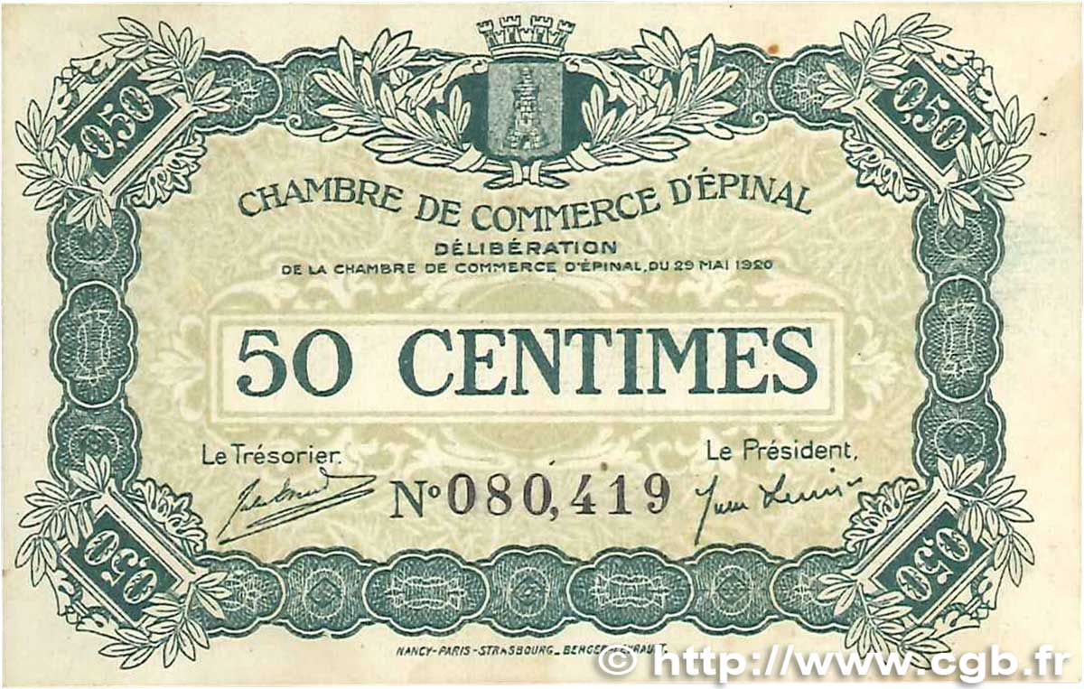 50 Centimes FRANCE regionalism and miscellaneous Épinal 1920 JP.056.01 VF