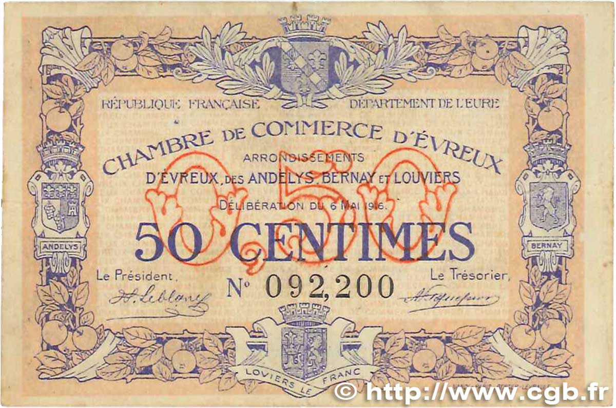 50 Centimes FRANCE regionalismo y varios Évreux 1916 JP.057.02 BC